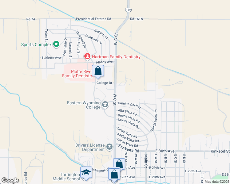 map of restaurants, bars, coffee shops, grocery stores, and more near 3298 West C Street in Torrington