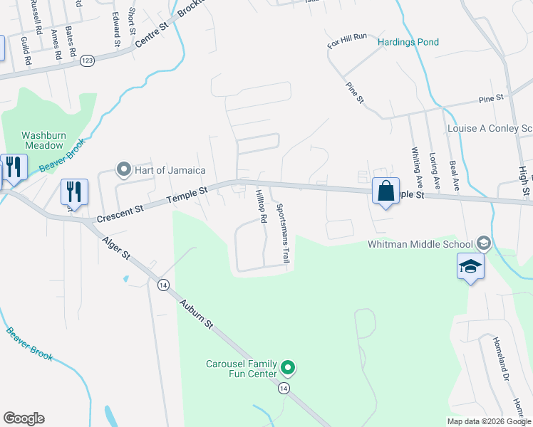 map of restaurants, bars, coffee shops, grocery stores, and more near 51 Sportsmans Trail in Whitman