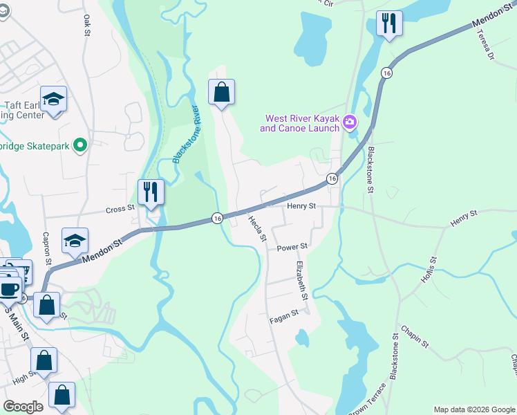 map of restaurants, bars, coffee shops, grocery stores, and more near Mendon St & Henry St in Uxbridge