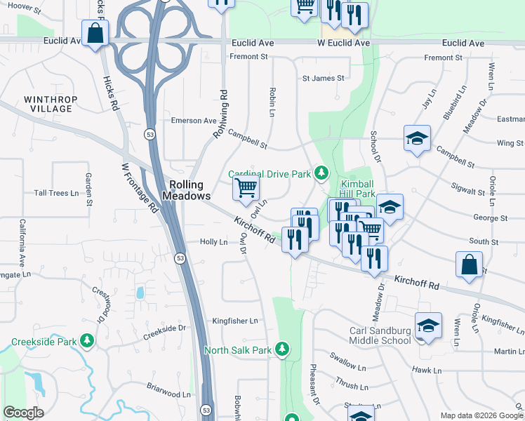 map of restaurants, bars, coffee shops, grocery stores, and more near in Rolling Meadows