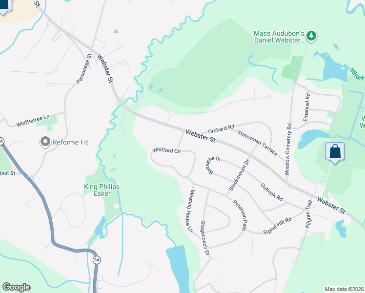 map of restaurants, bars, coffee shops, grocery stores, and more near 17 Whitford Drive in Marshfield