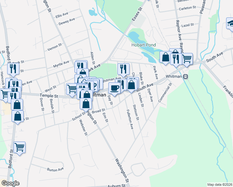 map of restaurants, bars, coffee shops, grocery stores, and more near 7 Marble Street in Whitman