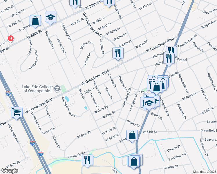 map of restaurants, bars, coffee shops, grocery stores, and more near 1737 High Street in Erie