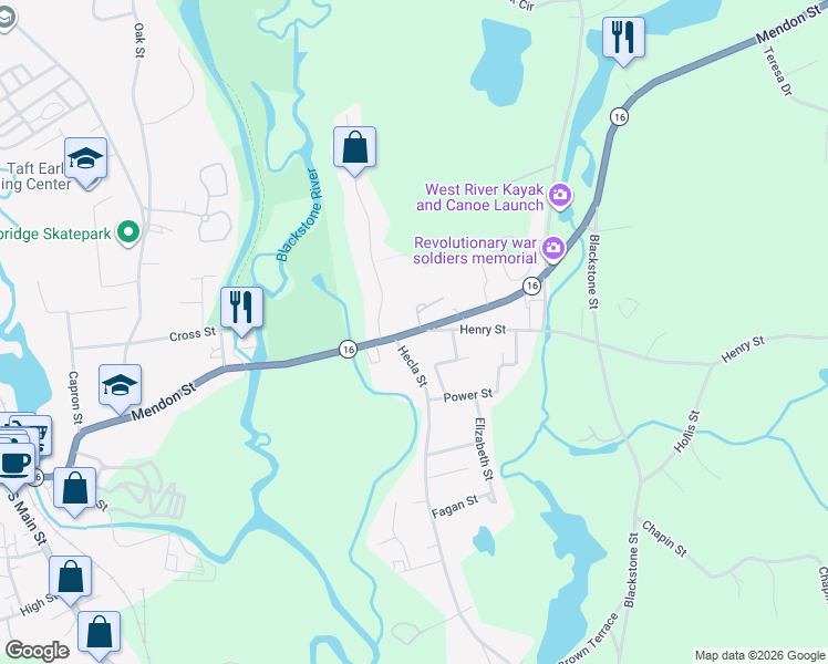 map of restaurants, bars, coffee shops, grocery stores, and more near 250 Mendon Street in Uxbridge