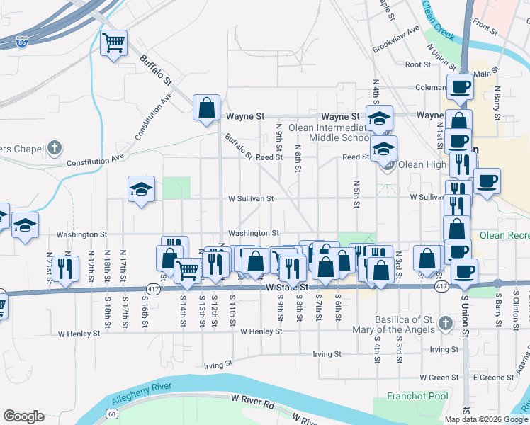 map of restaurants, bars, coffee shops, grocery stores, and more near 277 Anderson Avenue in Olean