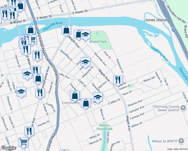 map of restaurants, bars, coffee shops, grocery stores, and more near 309 Home Street in Elmira