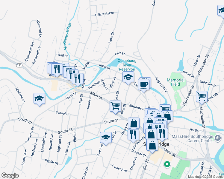 map of restaurants, bars, coffee shops, grocery stores, and more near 70 Oliver Street in Southbridge