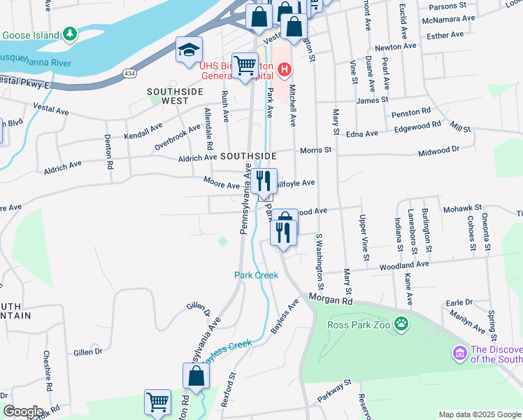 map of restaurants, bars, coffee shops, grocery stores, and more near in Binghamton