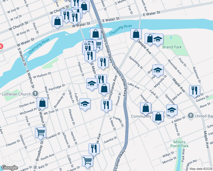 map of restaurants, bars, coffee shops, grocery stores, and more near 160 Boardman Street in Elmira