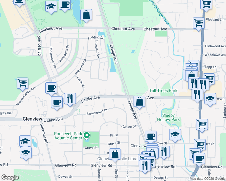 map of restaurants, bars, coffee shops, grocery stores, and more near 2128a Rugen Lane in Glenview