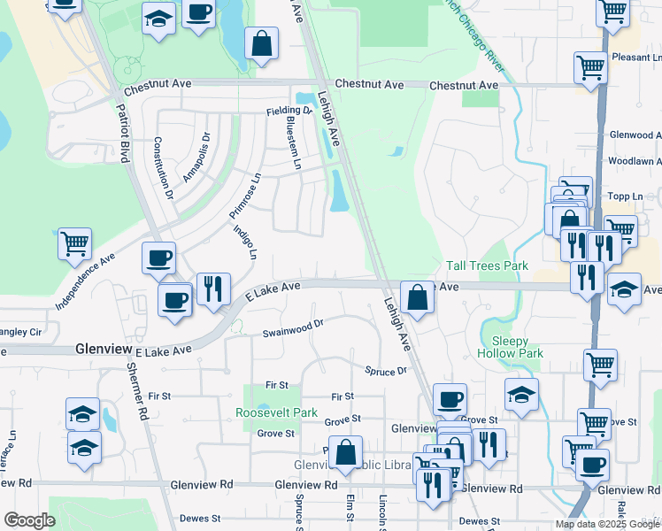 map of restaurants, bars, coffee shops, grocery stores, and more near 2128a Rugen Lane in Glenview