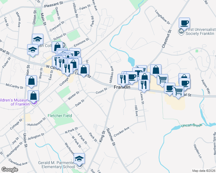 map of restaurants, bars, coffee shops, grocery stores, and more near 142 East Central Street in Franklin