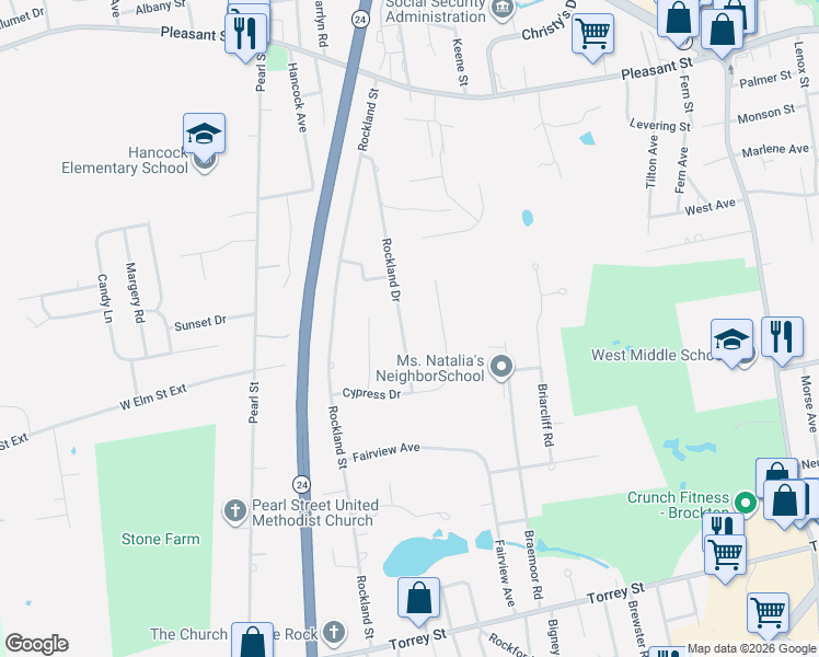 map of restaurants, bars, coffee shops, grocery stores, and more near 154 Rockland Drive in Brockton