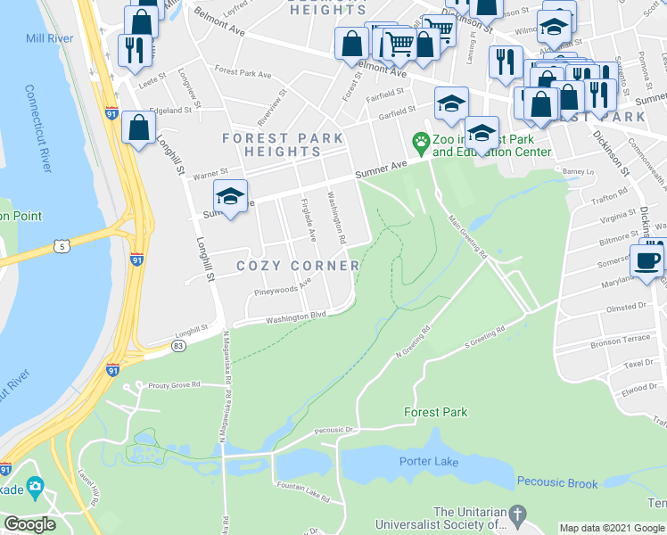 map of restaurants, bars, coffee shops, grocery stores, and more near 151 Pineywoods Ave in Springfield