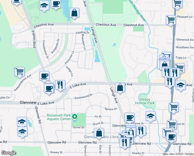 map of restaurants, bars, coffee shops, grocery stores, and more near 2128a Rugen Lane in Glenview