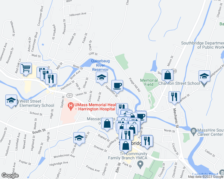 map of restaurants, bars, coffee shops, grocery stores, and more near 256 Hamilton Street in Southbridge