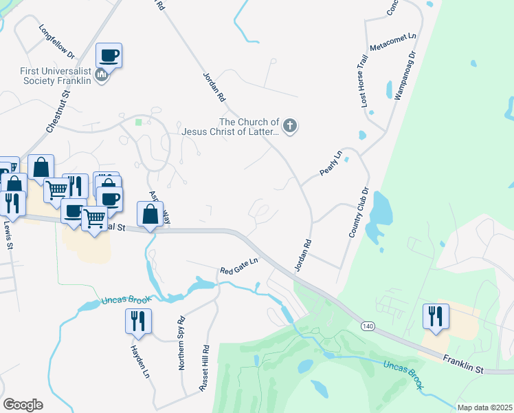map of restaurants, bars, coffee shops, grocery stores, and more near 3 Gatehouse Lane in Franklin