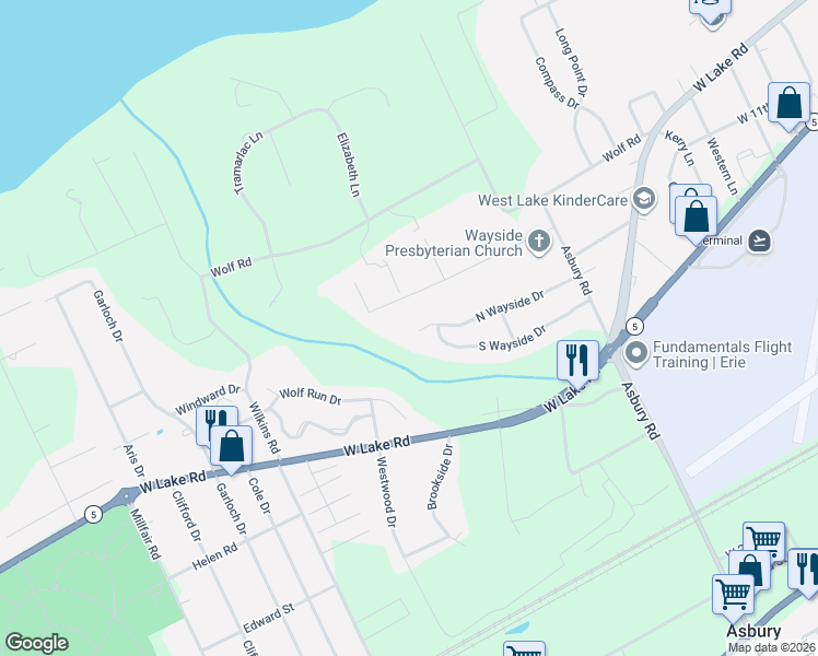 map of restaurants, bars, coffee shops, grocery stores, and more near 4955 Watson Rd in Erie