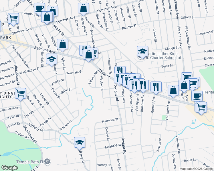 map of restaurants, bars, coffee shops, grocery stores, and more near 53 Webber Street in Springfield