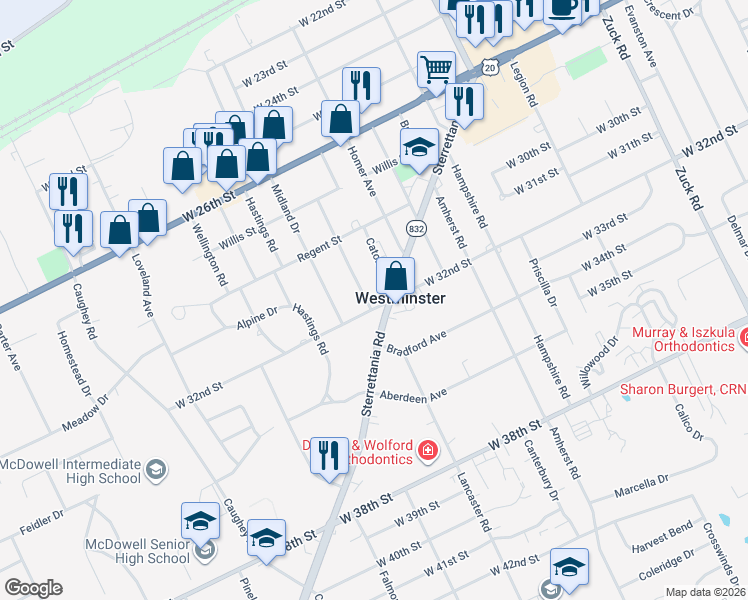 map of restaurants, bars, coffee shops, grocery stores, and more near 3220 West 32nd Street in Erie