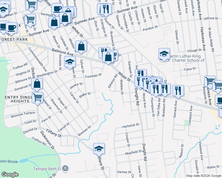 map of restaurants, bars, coffee shops, grocery stores, and more near 42 Ruskin Street in Springfield