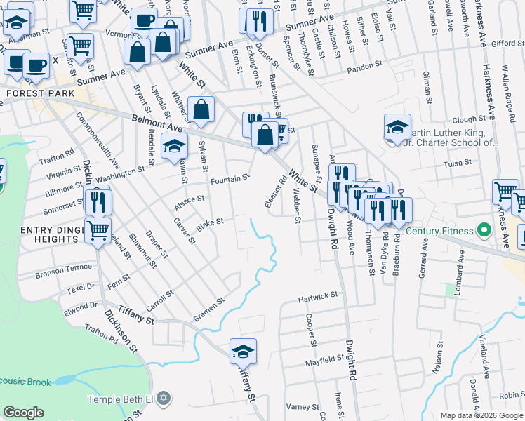map of restaurants, bars, coffee shops, grocery stores, and more near 62 Eleanor Road in Springfield