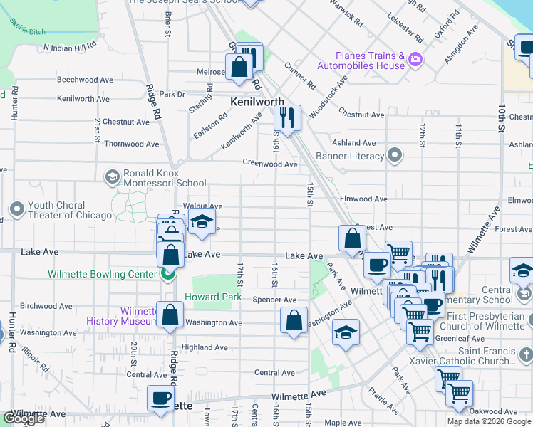 map of restaurants, bars, coffee shops, grocery stores, and more near 1609 Walnut Avenue in Wilmette