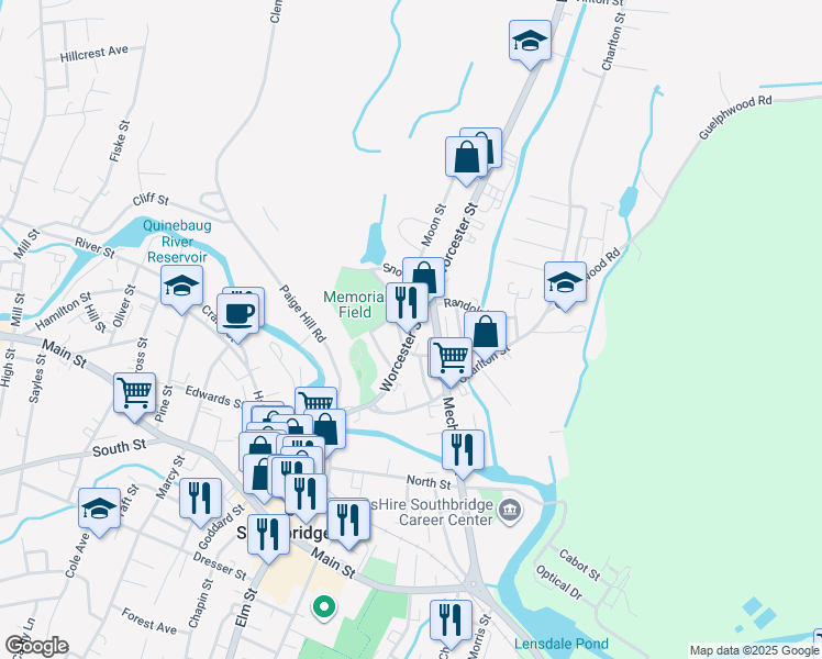 map of restaurants, bars, coffee shops, grocery stores, and more near Worcester St Worcester Street in Southbridge