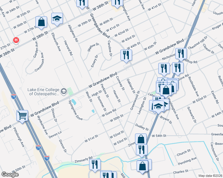 map of restaurants, bars, coffee shops, grocery stores, and more near 1737 High Street in Erie