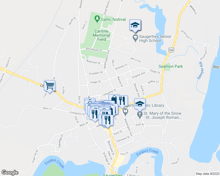 map of restaurants, bars, coffee shops, grocery stores, and more near 182 Washington Avenue in Saugerties