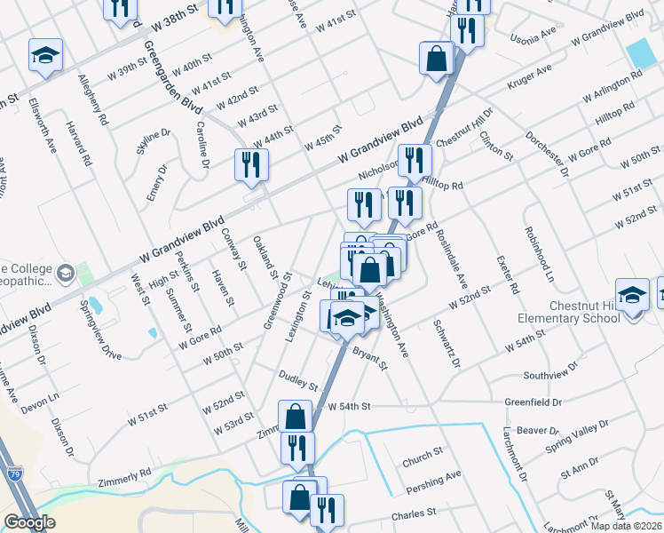 map of restaurants, bars, coffee shops, grocery stores, and more near 1526 West Gore Road in Erie