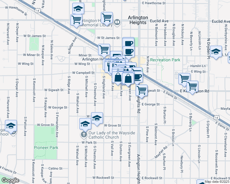 map of restaurants, bars, coffee shops, grocery stores, and more near 105 South Vail Avenue in Arlington Heights