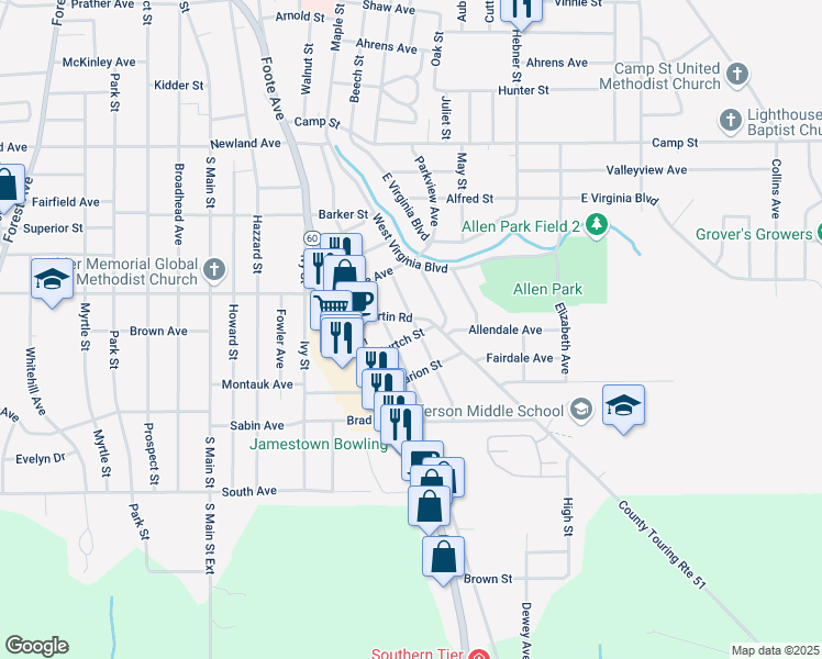 map of restaurants, bars, coffee shops, grocery stores, and more near 50 Elam Avenue in Jamestown