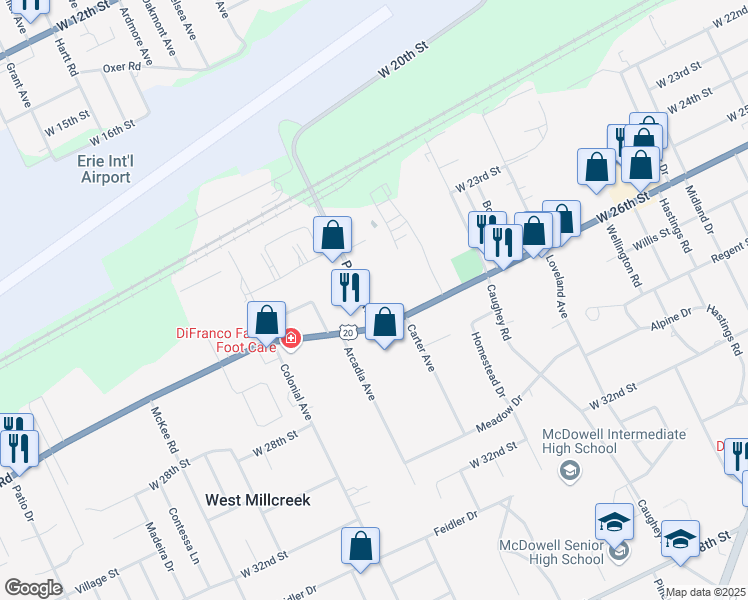 map of restaurants, bars, coffee shops, grocery stores, and more near 2505 Powell Avenue in Erie