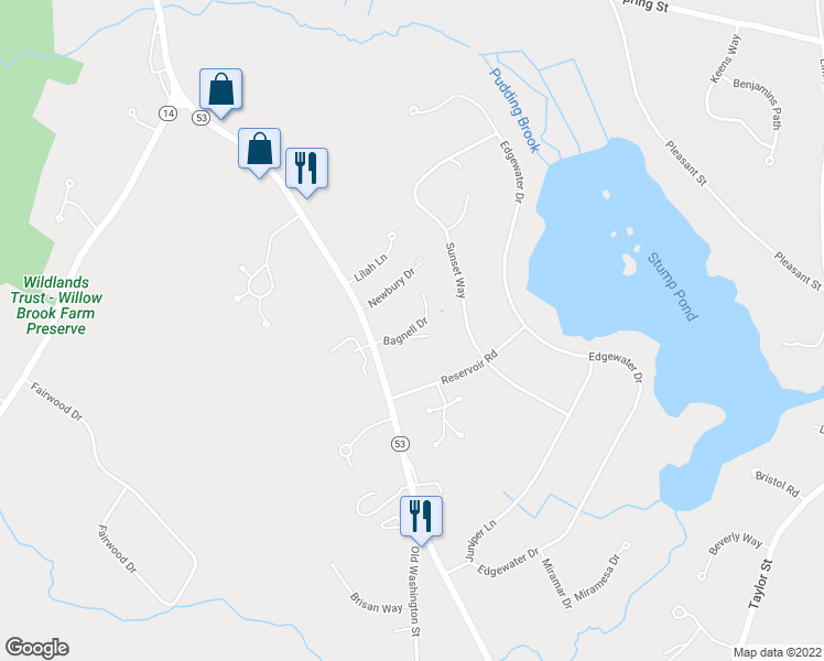 map of restaurants, bars, coffee shops, grocery stores, and more near Bagnell Drive in Pembroke