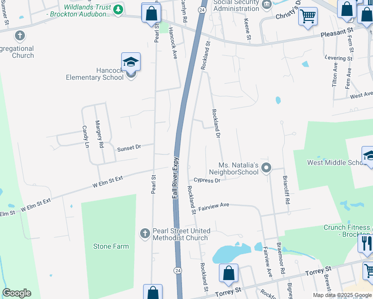 map of restaurants, bars, coffee shops, grocery stores, and more near 213 Rockland Street in Brockton
