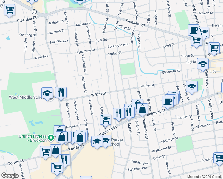 map of restaurants, bars, coffee shops, grocery stores, and more near 409 West Elm Street in Brockton