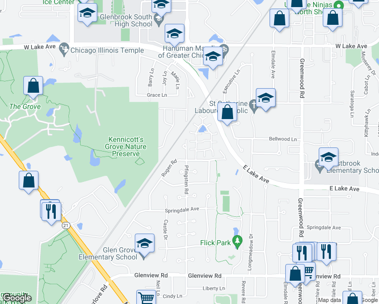 map of restaurants, bars, coffee shops, grocery stores, and more near 1405 Estate Lane in Glenview