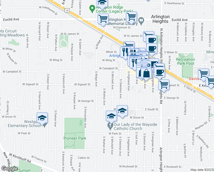 map of restaurants, bars, coffee shops, grocery stores, and more near 415 West Sigwalt Street in Arlington Heights