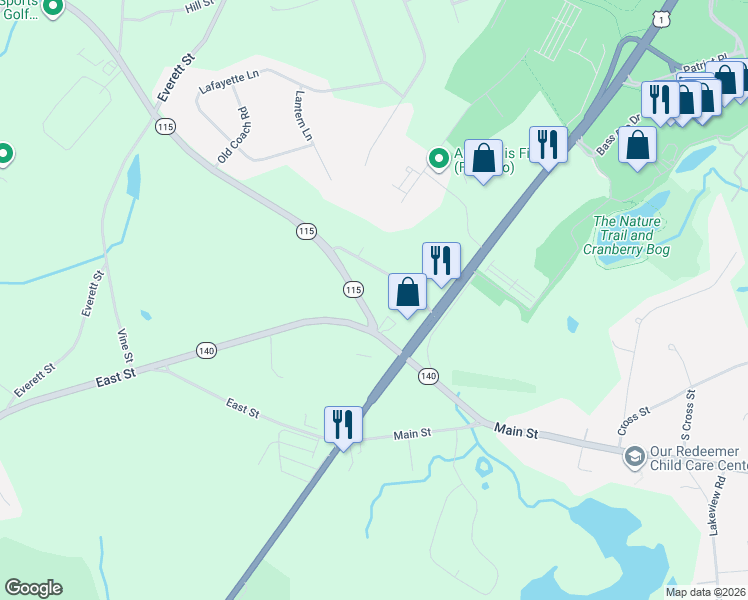 map of restaurants, bars, coffee shops, grocery stores, and more near 15 Turner Road in Foxborough