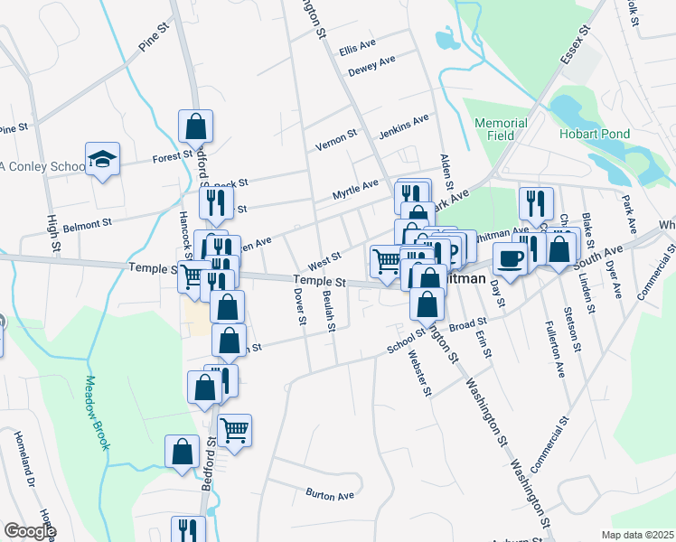 map of restaurants, bars, coffee shops, grocery stores, and more near 107 Temple Street in Whitman