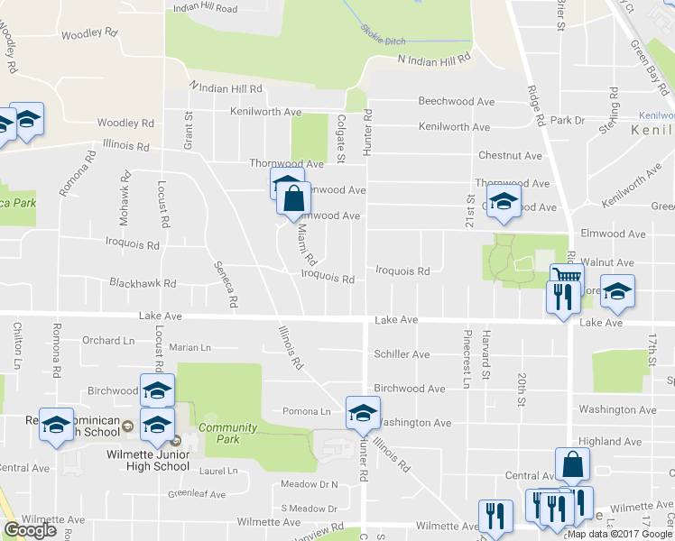 map of restaurants, bars, coffee shops, grocery stores, and more near 2326 Iroquois Road in Wilmette