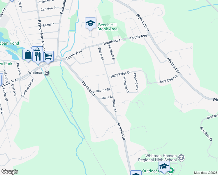 map of restaurants, bars, coffee shops, grocery stores, and more near 173 Winter Street in Whitman