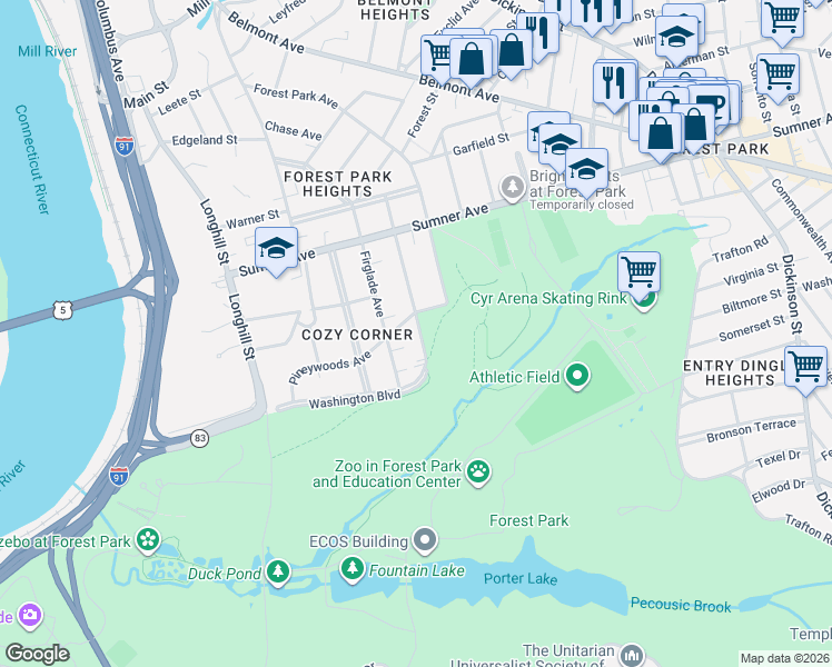 map of restaurants, bars, coffee shops, grocery stores, and more near 106 Washington Road in Springfield