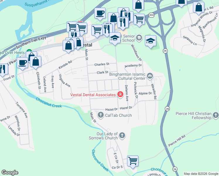 map of restaurants, bars, coffee shops, grocery stores, and more near 135 Hawthorne Street in Vestal