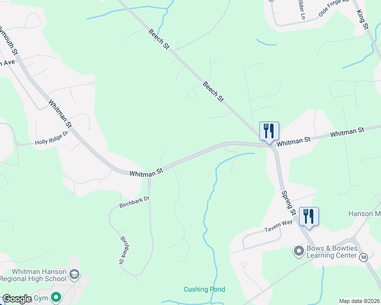 map of restaurants, bars, coffee shops, grocery stores, and more near 842 Whitman Street in Hanson