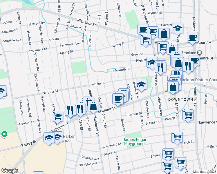 map of restaurants, bars, coffee shops, grocery stores, and more near 11 Brett Street in Brockton