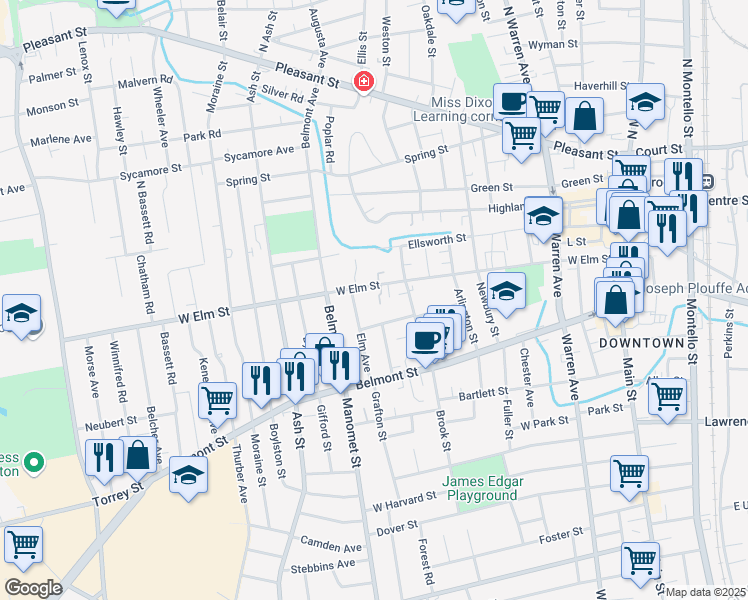 map of restaurants, bars, coffee shops, grocery stores, and more near 276 West Elm Street in Brockton