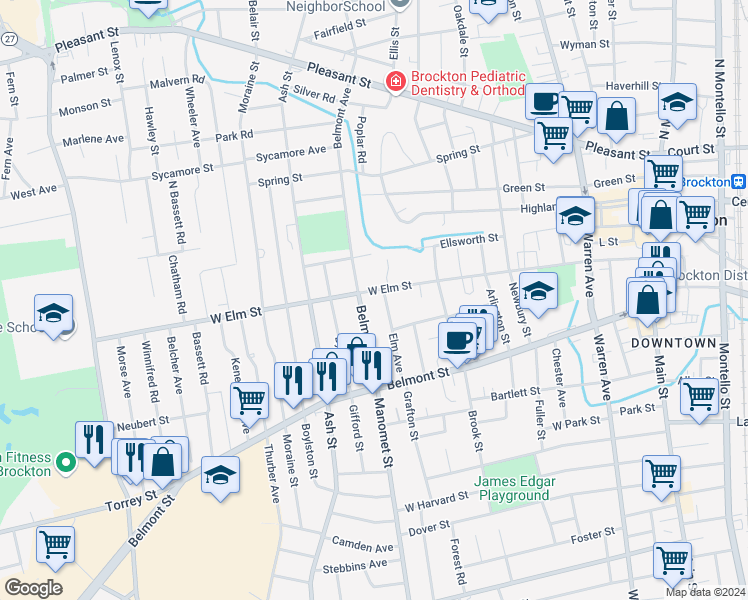 map of restaurants, bars, coffee shops, grocery stores, and more near 306 West Elm Street in Brockton