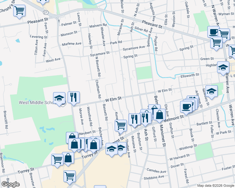 map of restaurants, bars, coffee shops, grocery stores, and more near 14 Auna Drive in Brockton